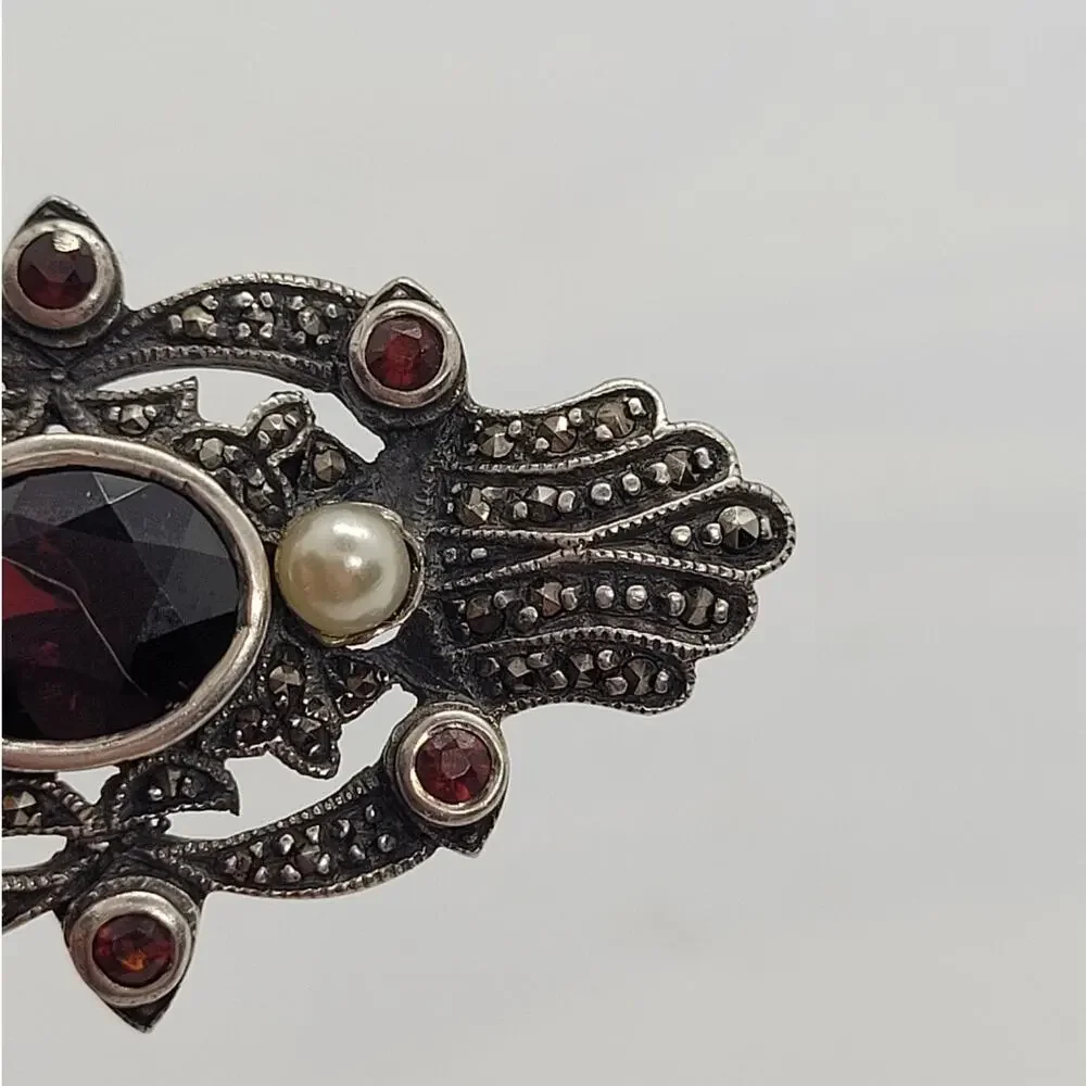 Vintage Sterling Silver Marcasite Pearl Brooch Coquette Art Deco Pin